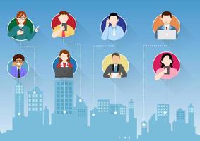 A group of businessmen and business women are connected via social networks with gadgets on the backdrop of the city. Flat style cartoon illustration vector