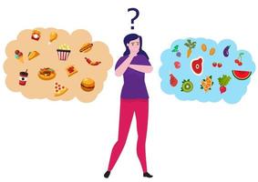 Woman choosing between healthy and unhealthy food. Character thinking over organic or junk snacks choice. Flat style cartoon illustration vector