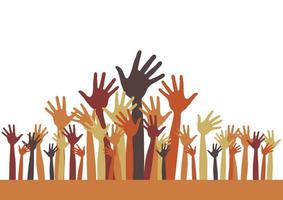 several hands of different skin tones raised on white background friendship, support, vector illustration Peace and Diversity Concept