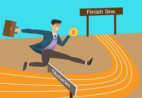 The business idea as a full energy businessman is going on a path that will jump over obstacles to reach the finish line. To achieve goals and overcome the difficulties ahead vector
