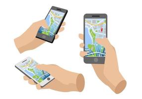 Mobile phone smartphone screen set with GPS, find target point in capital Vector illustration