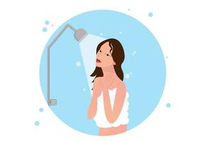 A beautiful young woman takes a happy bath with bubbles all over the water from the shower. vector illustration