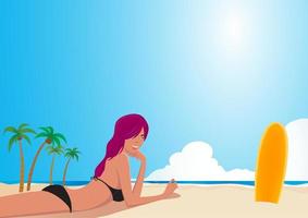 Simple flat vector illustration of surfer girl walking on the beach. Summer vacation. Water sports. Lifestyle