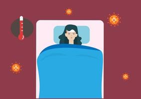A woman character lying sick in bed, suffering from coronavirus fever. Concept of health problems and viral infectious diseases. Flat vector illustration