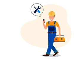 Male engineer in uniform with toolbox equipment wrench in hand cartoon character Vector illustration of business service personnel repairing system maintenance