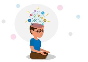 imagen de un hombre en meditación con el cerebro abierto es el punto de conexión del pensamiento. y mecanismo comercial y varios secretos. vector de ilustración de dibujos animados de estilo plano.