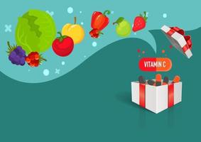 la vitamina c en frutas, verduras, bayas y hierbas se usa para hacer cápsulas. fácil de comer para aquellos que no les gusta comer frutas y verduras frescas. vector de ilustración de dibujos animados de estilo plano