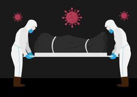 Covid-19 is causing more deaths every day. Staff shrouds corpse of coronavirus covid-19, vector illustration, flat style cartoon