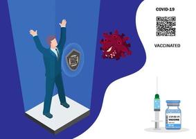 be able to travel abroad for business. It is like an island protected by QR Code electronic health history. vector illustration