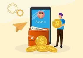 Money transfer to e-wallet concept, financial savings and online payments. Suitable for landing pages, ui, mobile apps, banner templates. Flat style cartoon illustration vector