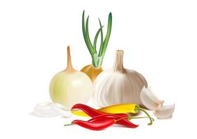 conjunto de especias picantes y verduras, ajo, cebolla, chile, aislado en fondo blanco. ilustración vectorial en estilo plano