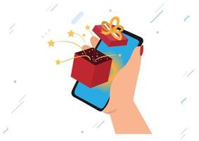 Mobile phone with gift box in it. Give out gifts. Social network communication concept. Vector illustration for mobile application or website and banner design.