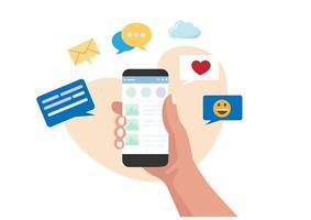 Mobile phone with text, icons and emojis. Communication concept on white background. Social network concept. Illustration. Vector cartoon flat style.
