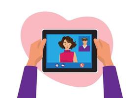 video call concept Video call with your loved ones Man holding tablet while talking face to face on screen. Flat style cartoon vector illustration.