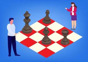 Marketing analysis planning Character controls playing chess. vector illustration