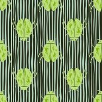 Light green bugs elements seamless simple pattern. Flat exotic insects on stripped background with black lines. vector