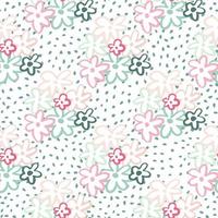 Summer daisy shapes seamless doodle pattern on white background with dots. Flowers with pink and blue contours. vector