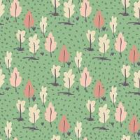 Hand drawn tree ornament seamless pattern. Simple forest elements in pink tones on green dotted background. vector