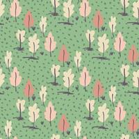 Hand drawn tree ornament seamless pattern. Simple forest elements in pink tones on green dotted background. vector