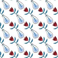 Isolated seamless pattern with red flowers in a vase. White background, Simple hand drawn print. vector