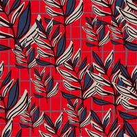 Random bright floral seamless pattern with branches. Red chequered background with navy blue and grey leaves. vector