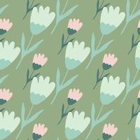 Geometric tulip seamless pattern on green background. Abstract floral backdrop. Summer flower wallpaper. vector