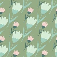 Geometric tulip seamless pattern on green background. Abstract floral backdrop. Summer flower wallpaper. vector