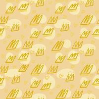 Seamless doodle random pattern with crown elements. Outline ornament with yellow contour on pastel light background. vector