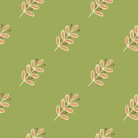 Seamless pattern in dark tones with doodle leaf branch ornament. Green background. vector