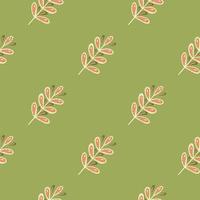 Seamless pattern in dark tones with doodle leaf branch ornament. Green background. vector