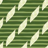 White diagonal leaf ornament seamless pattern in doodle style. Green striped background. Botanic shapes. vector