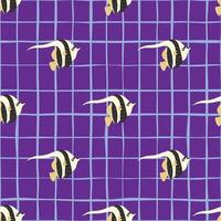 Tropic seamless pattern with imperial angelfish ornament. Purple bright chequered background. vector