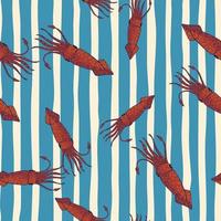 Random decorative seamless pattern with red squids doodle print. Blue striped background. vector