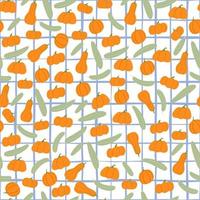 Pumpkin and zucchini random seamless pattern. Orange and grey abstract vegetable silhouettes on white background with check. vector