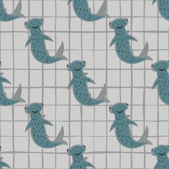 Seamless pattern with underwater hammerhead sharks elements in turquoise color. Grey chequered background. vector