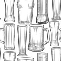 Empty beer mug seamless pattern. Engraving style. Alcoholic beverage design. vector