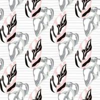 Light seamless botanic pattern with exotic monstera leaves. Tropical floral figures in pastel pink, black and blue tones on stripped background. vector