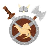 dragón de composición en escudo con casco, espada y hacha sobre fondo blanco. caricatura linda en estilo garabato. vector