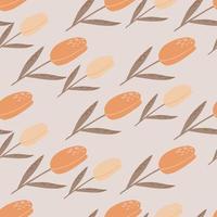 Autumn seamless doodle pattern with tulips. Simple flower silhouettes with orange buds on light grey background. vector