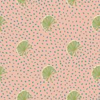 Minimalistic floral seamless pattern with green simple palm licuala shapes. Pink dotted background. vector