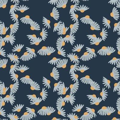 Vintage floral seamless pattern with little random chamomile flowers shapes. Dark blue background.