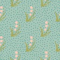 Spring seamless pattern with forest berries. Floral wild pink and green colored silhouettes on blue dotted background. vector