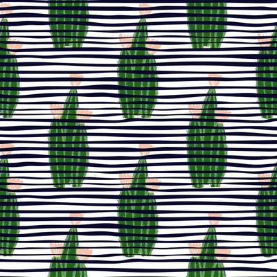 Geometric botanical exotic backdrop. Abstract cactus seamless pattern on stripes background.