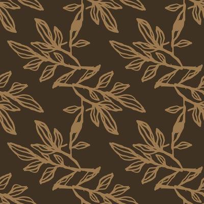 Autumn seamless pattern with branches silhouettes. Brown background with light beige botanic outline ornament.