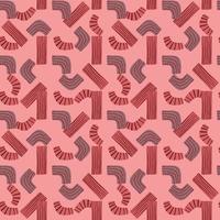 Abstract random figures seamless doodle pattern. Red stripped geometry forms on pink background. vector