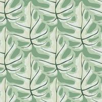 Light pastel monstera leaves seamless doodle pattern. Botanic ornament with white and green tones palette. Exotic artwork. vector