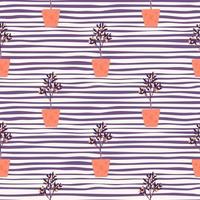 Bright decor seamless pattern with houseplants. Interiot botanic ornament with orange pots on purple stripped background. vector