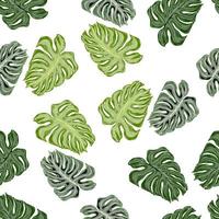 Isolated seamless pattern with green random monstera silhouettes print. White background. vector