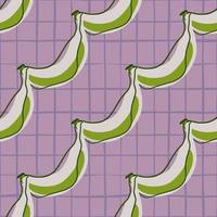 Diagonal green bananas ornament seamless pattern in simple style. Lilac chequered background. vector