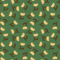 Random seamless pattern with floral poppy silhouettes beige little print. Green background. Simple style. vector